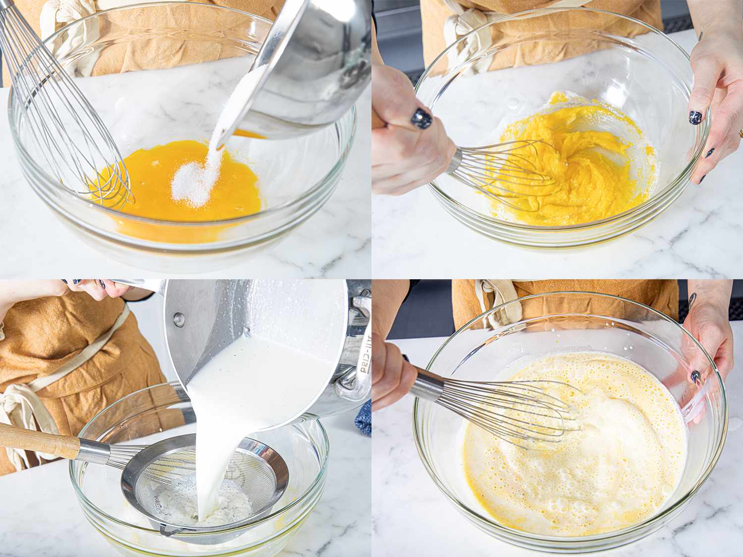 Four image collage of adding sugar to egg yolks, whisking together, straining creme mixture into bowl, and mixing custard together