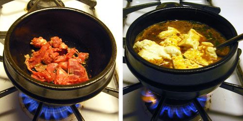 A collage of soondubu cooking on the stovetop