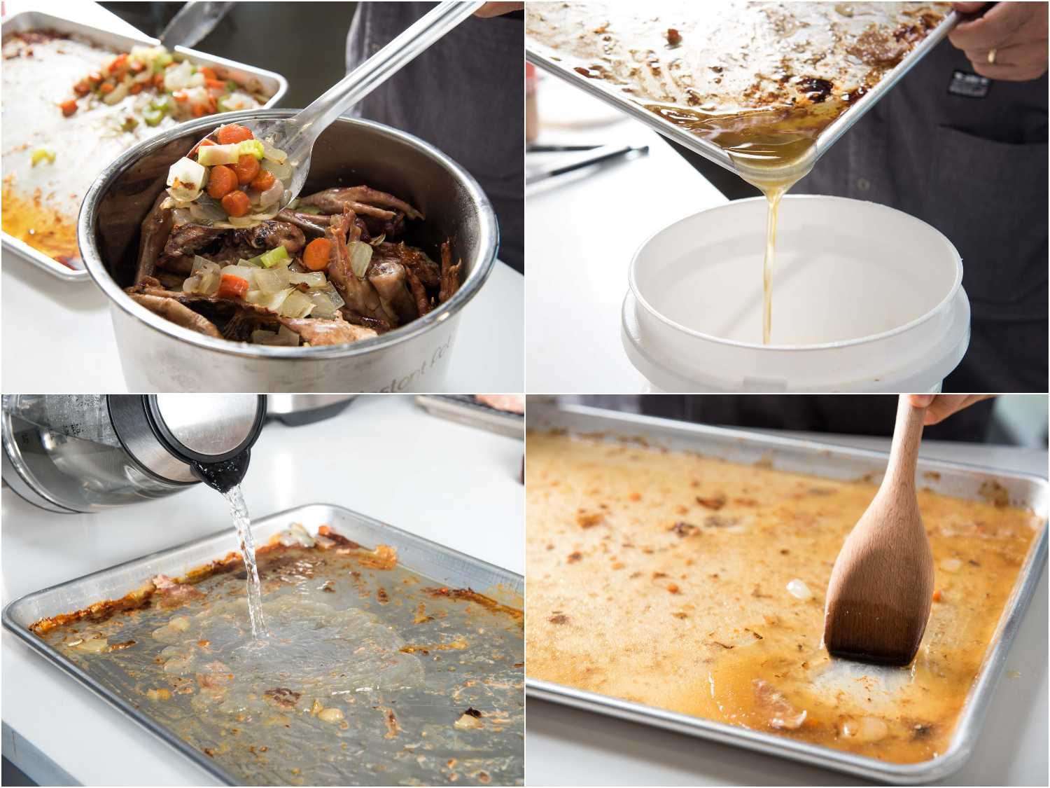 A four-image collage. The top left image shows a spoonful of roasted vegetables and chicken bone held over a pressure cooker. The top right images shows pouring off the fat from the baking sheet. The bottom left image shows deglazing the baking sheet with hot water. The bottom right image shows scaping the baking sheet to extract all the fond from it. 