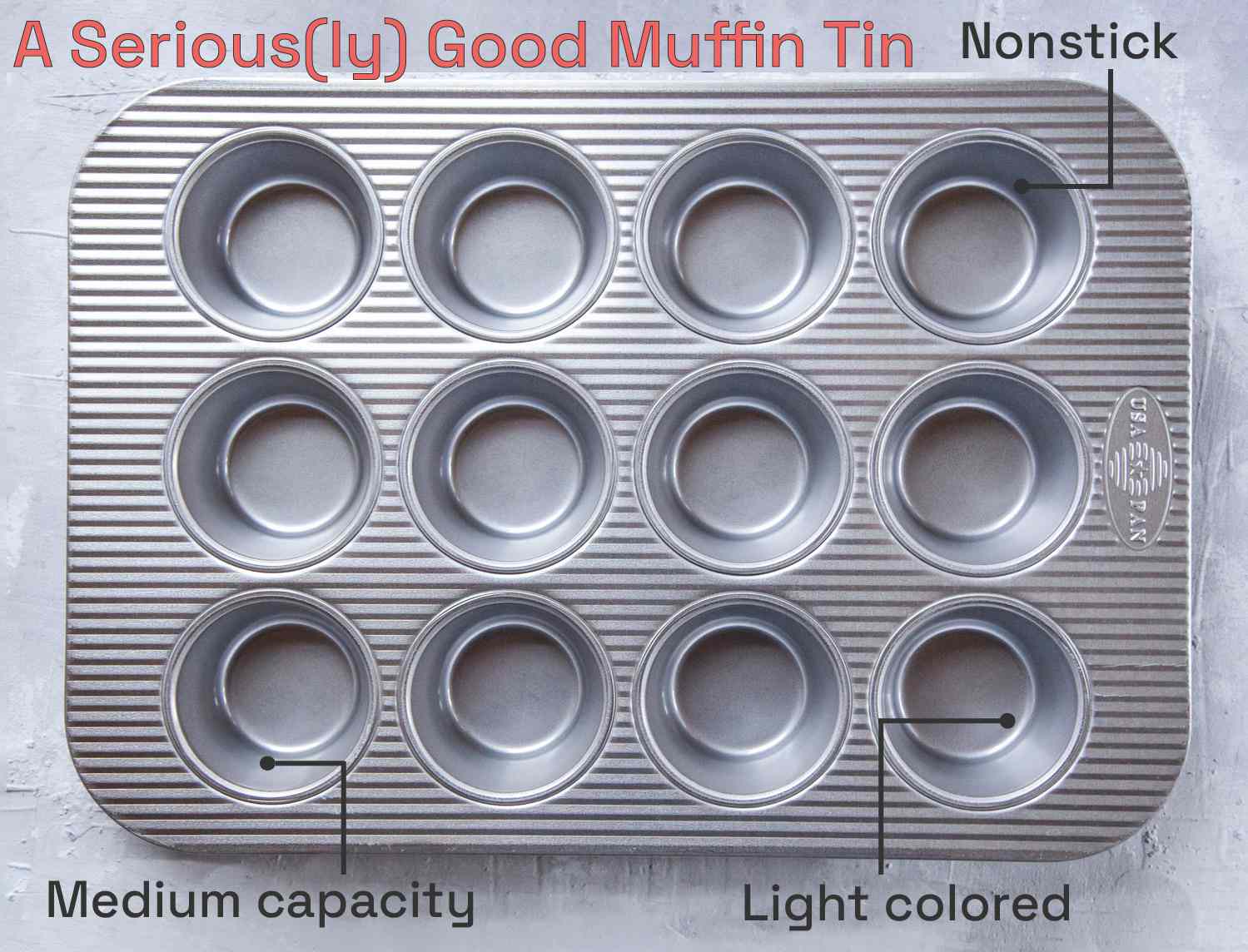 Muffin pan with text descriptions on counter