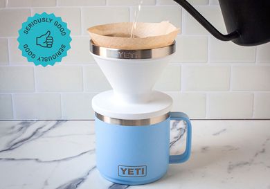 Water being poured from a gooseneck kettle the Yeti pour-over.