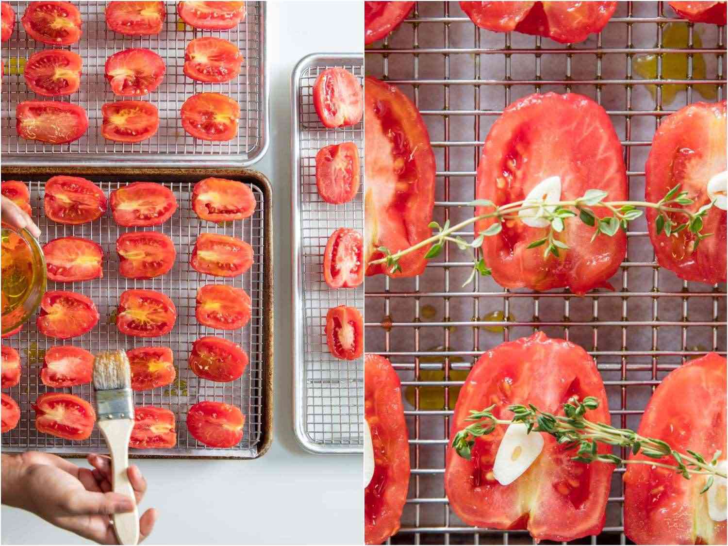 Collage of brushing olive oil onto tomatoes for tomato spread.