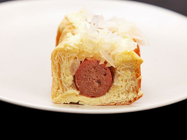 Cross-section of a cooked hot dog.