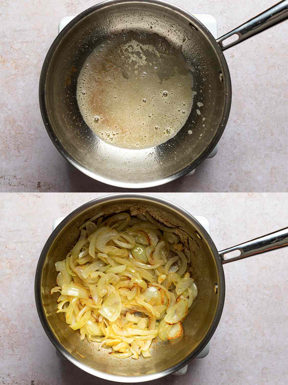 A two-image collage. The top image shows butter starting to brown inside of a stainless steel saucepan. The bottom image shows onion and garlic cooked until soft and lightly golden inside large saucepan 