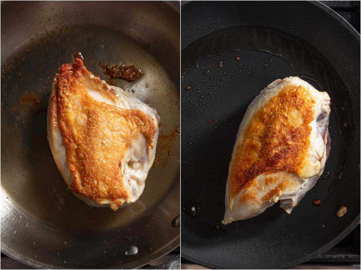 Seen from above, two samples of chicken breast show the difference between stainless steel and nonstick pans: the breast cooked in the stainless skillet is browned from edge-to-edge, whereas the chicken cooked in the nonstick skillet does not have browning that extends to the edges.