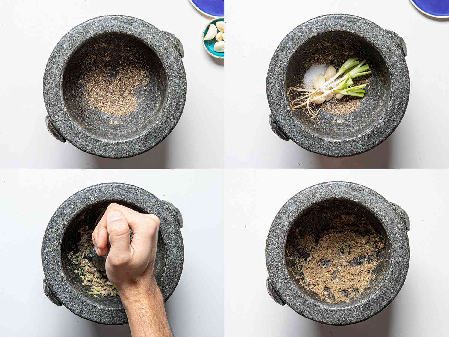 Four image collage of pepper, coriander roots, garlic, and salt being ground into a paste with a mortar and pestle