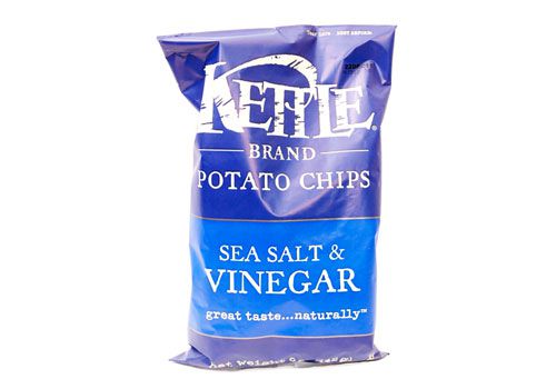 A bag of Kettle Brand Sea Salt and Vinegar potato chips.