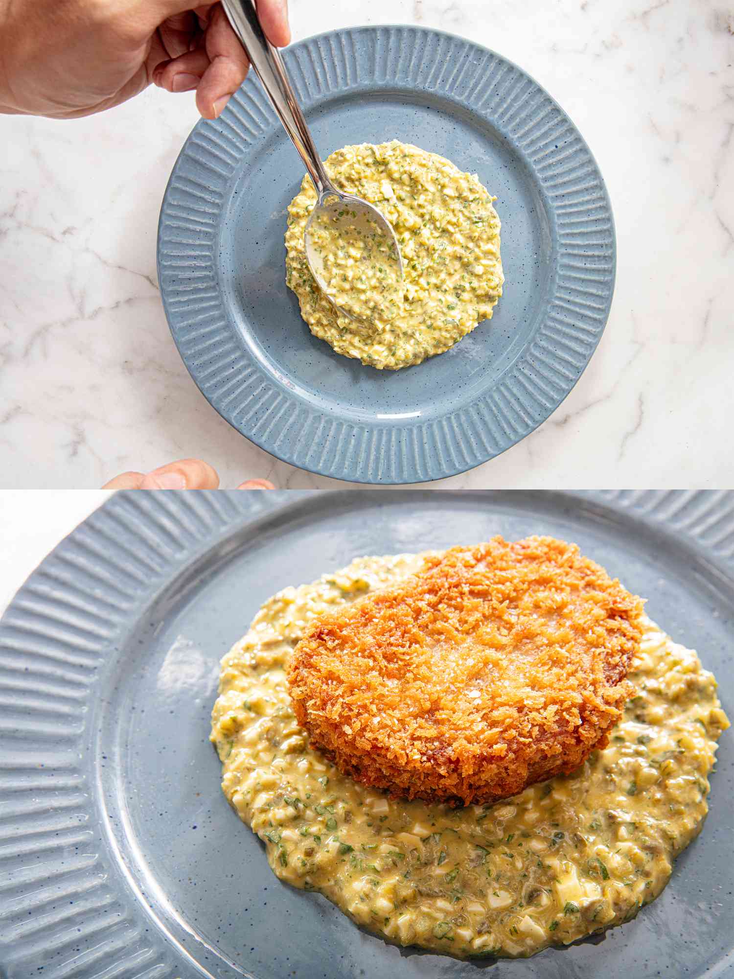 Two image collage of plating pork croquettes with sauce gribiche