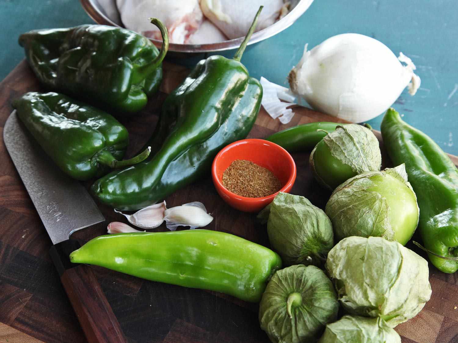 Green chiles, tomatillos, garlic, and spices for chicken green chili (chile verde).