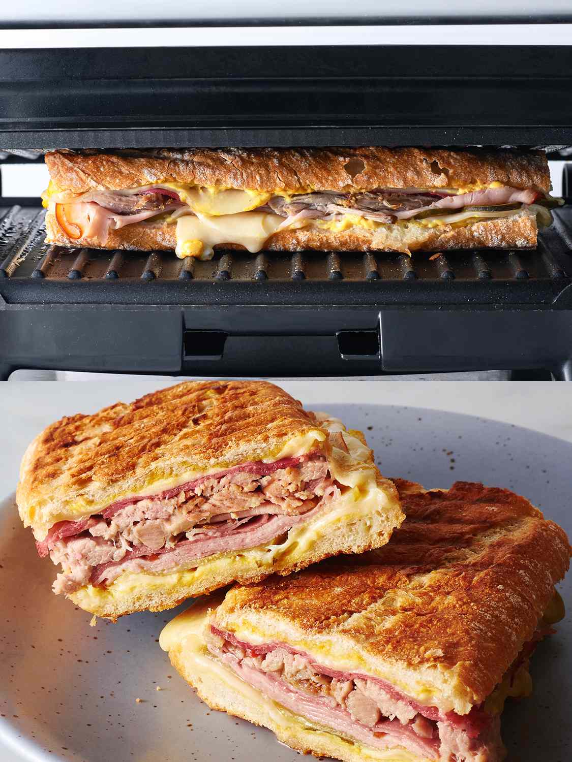 A two-image collage. The top image shows a sandwich in a panini press and the bottom images shows a completed sandwich, cut in half. 