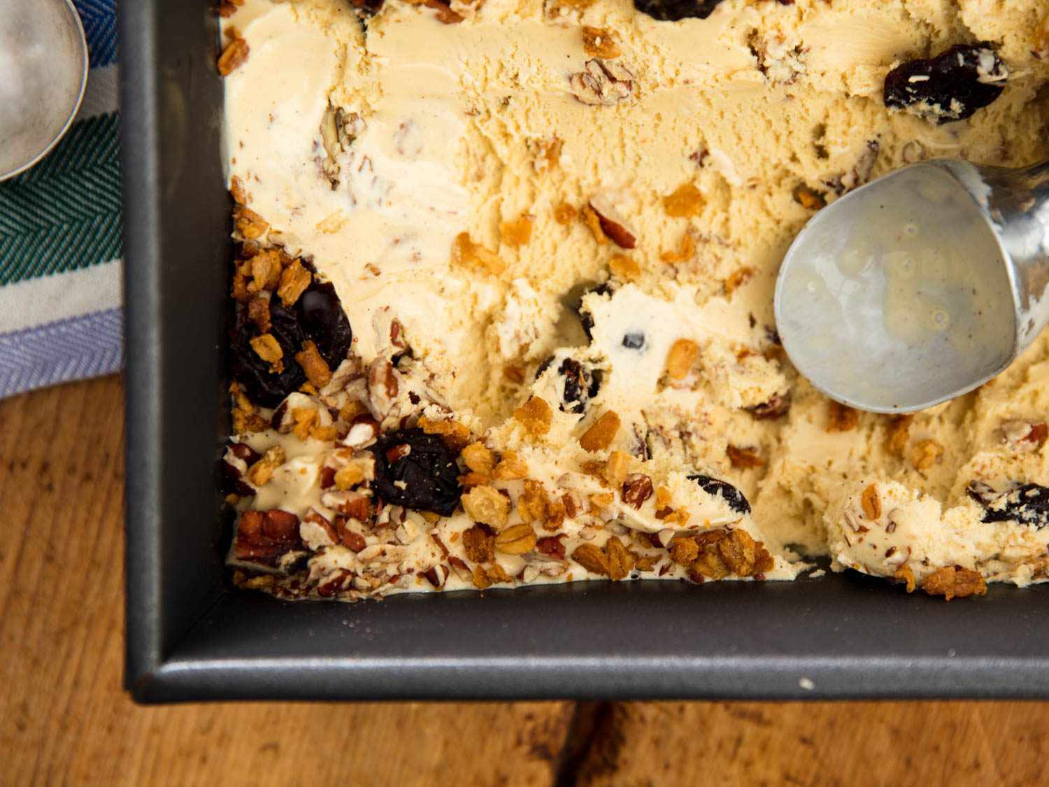 A loaf pan filled with oatmeal cookie ice cream.