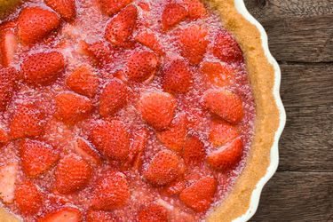 Overhead closeup of summer strawberry pie.