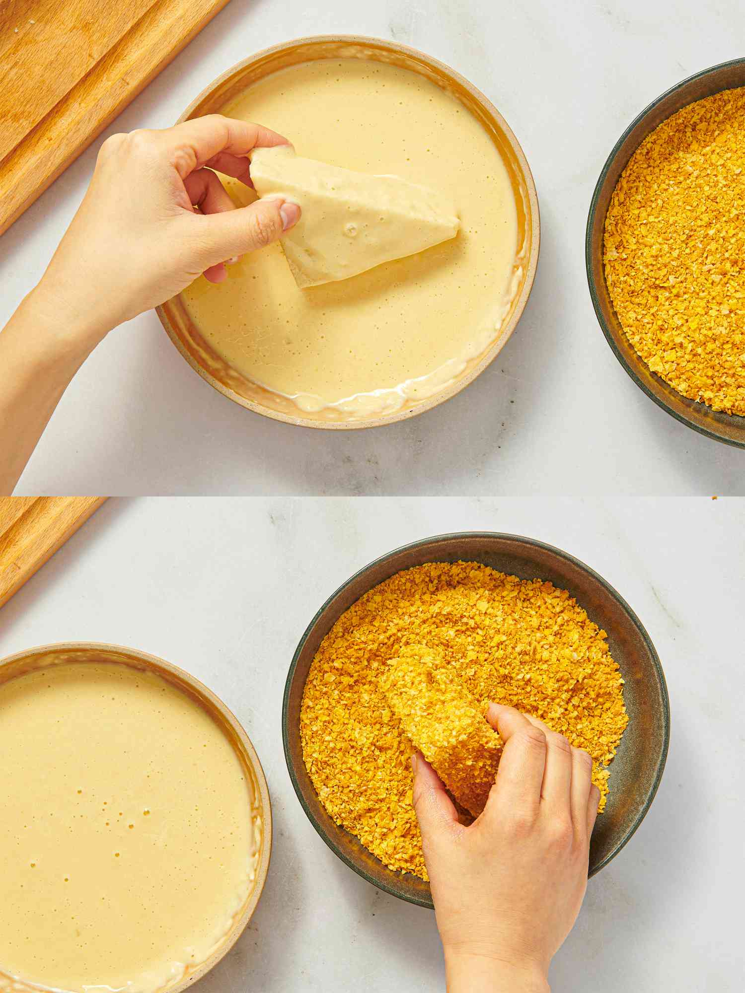 Two image collage of dredging cheese frenchees