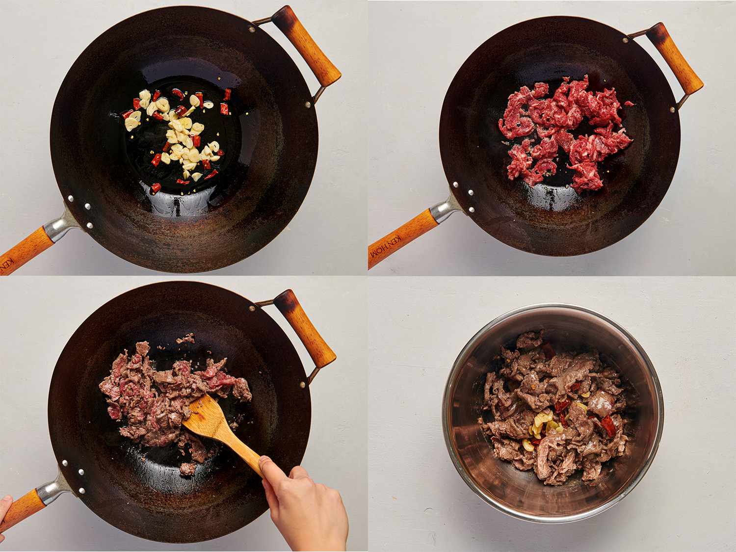 A four-image collage. The top left image shows half of the garlic, half of the hot peppers, and a pinch of salt in a carbon steel wok over high heat. The top right image shows the beef added to the now-empty, smoking wok. The bottom left image shows the beef, cooked to medium-done in the wok, being stirred by a bamboo spoon. The bottom right image shows the cooked beef added to a metal bowl holding the cooked garlic and chiles.