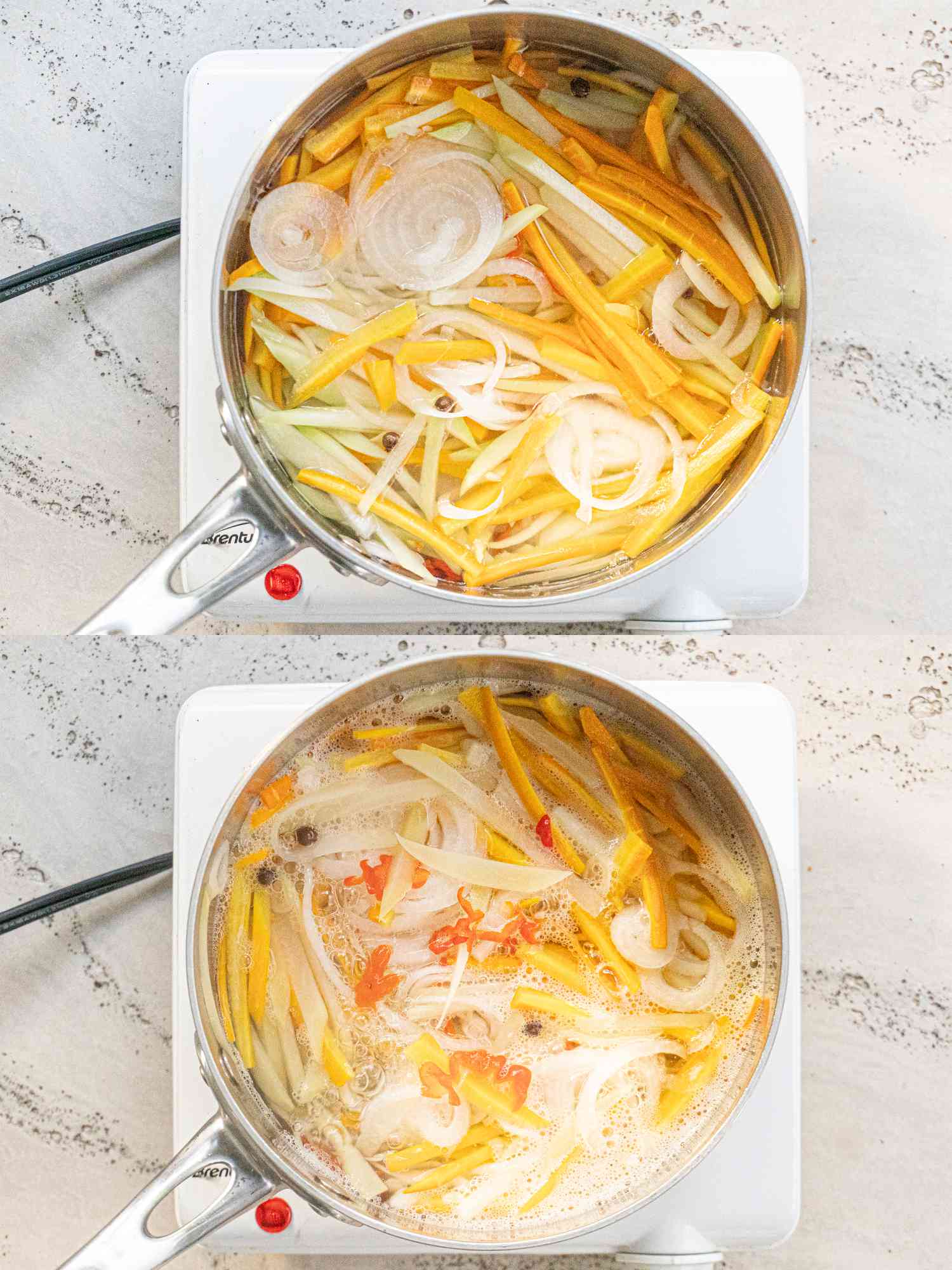 Two image collage of escovitch sauce boiling