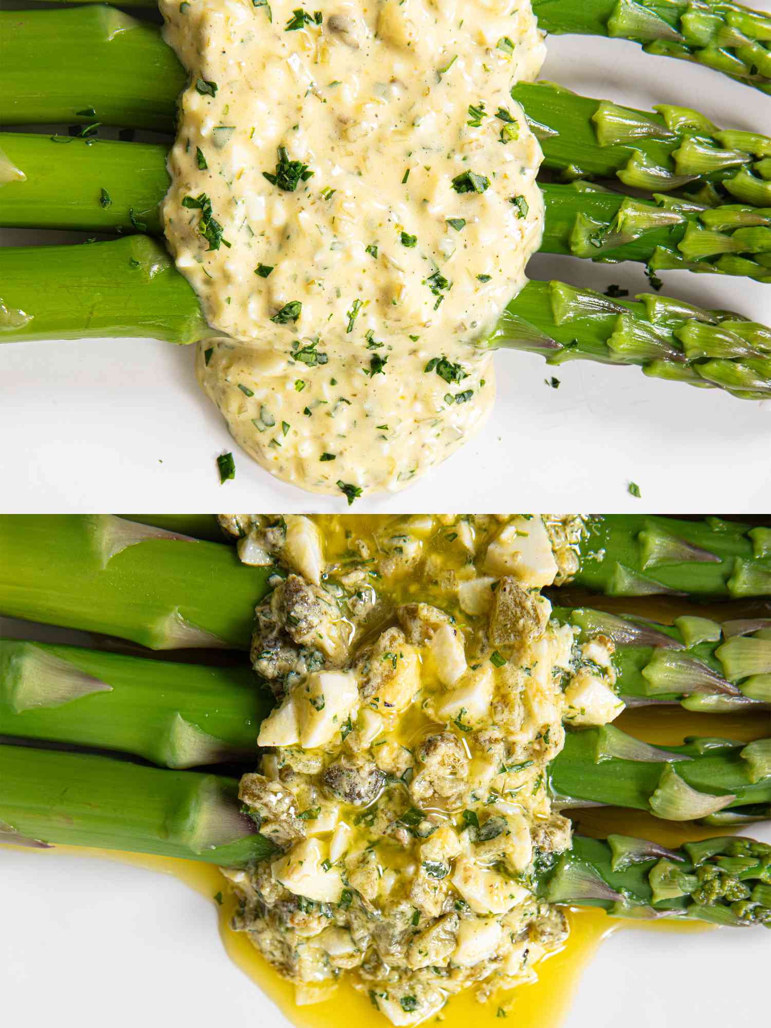 Overhead view of both versions of sauce gribiche