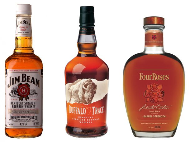 bottles of Jim Beam, Buffalo Trace, and Four Roses Bourbon