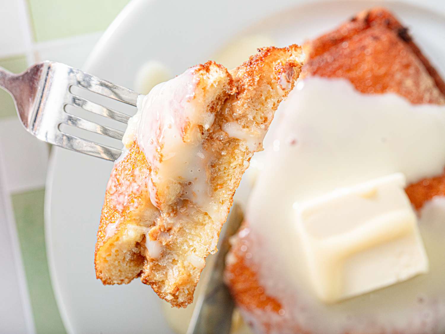 Overhead view of a bite of Hong Kong French Toast