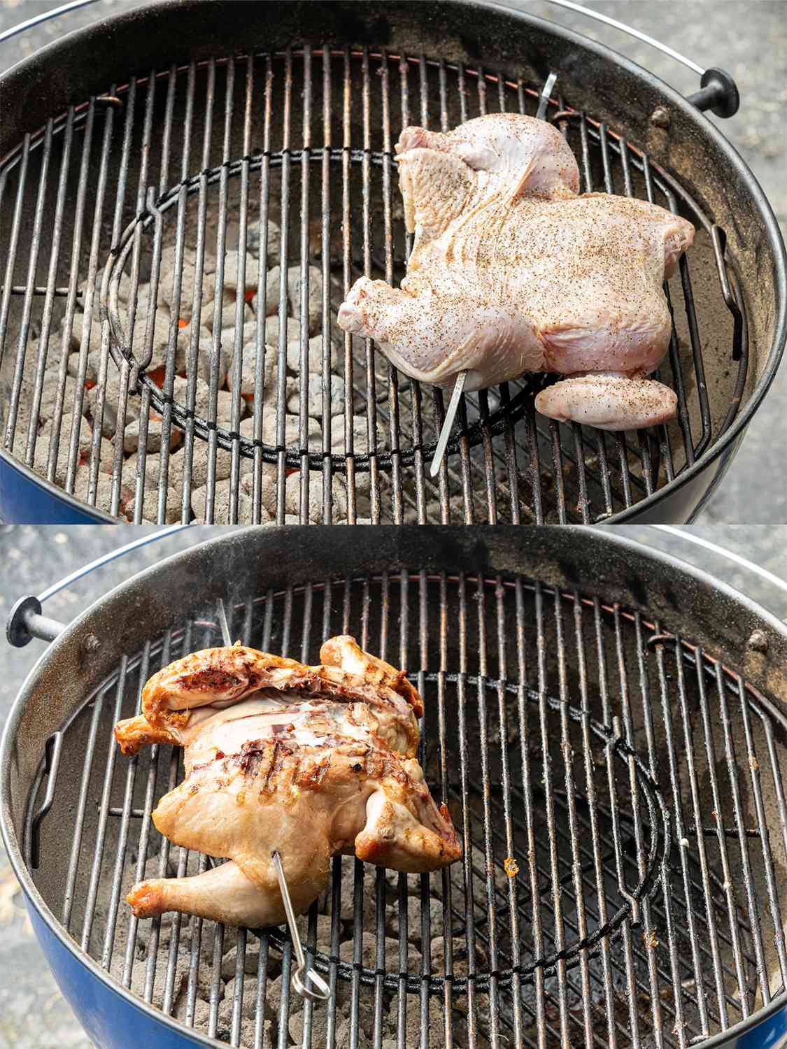 A two-image collage. The top image shows the chicken, breast-side up, placed on the cool side of the grill. The bottom image shows the chicken, now grilled and breast-side down, over the hot side of the grill.