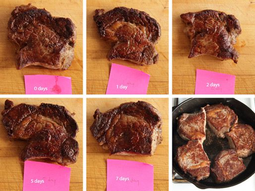 Collage of cooked steaks that have each been dry-aged different amounts of time.