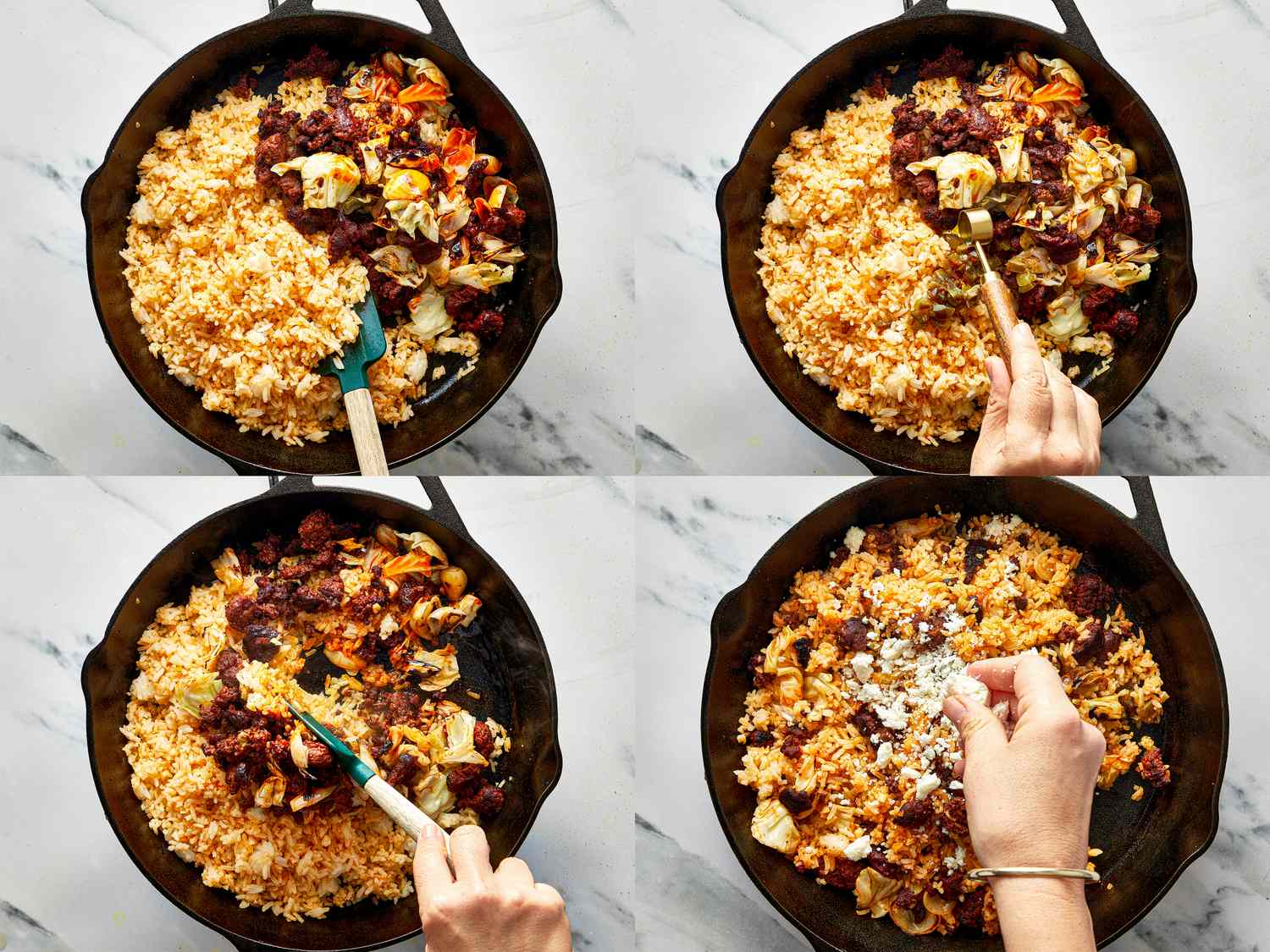 Steps in making Mexicaninspired fried rice shown in a skillet including mixing and ingredient addition phases