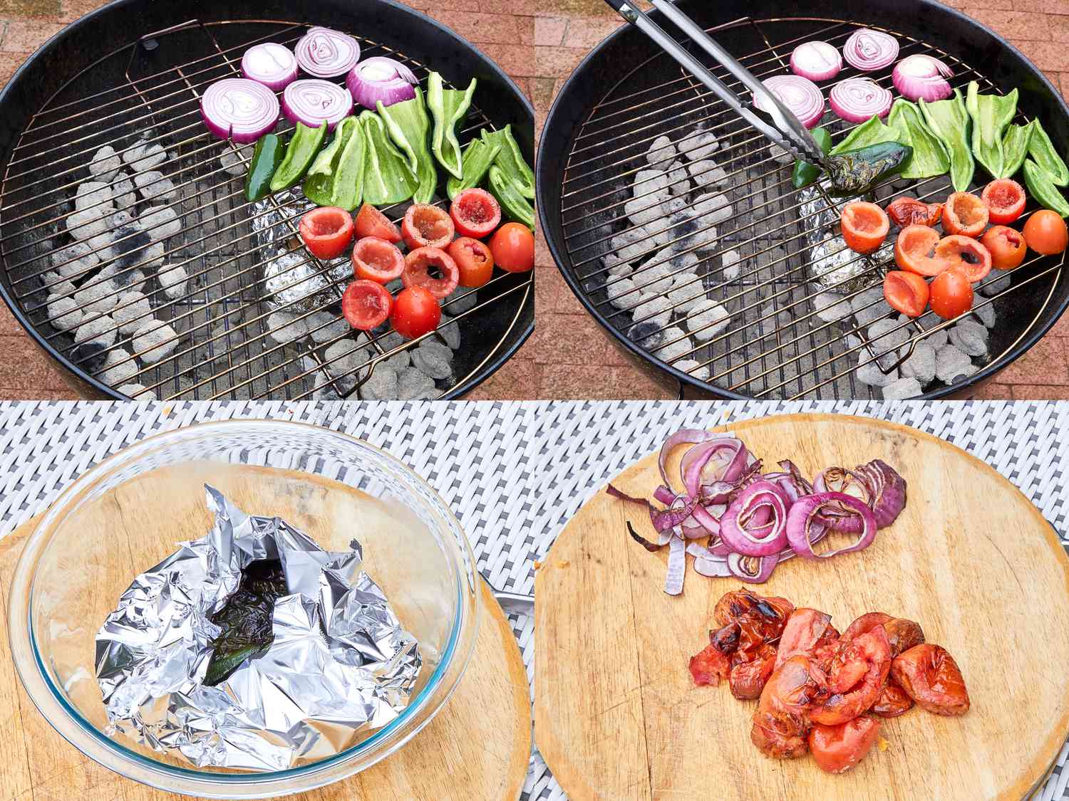 4 image collage. Top Left: Grill preparing vegetables. Top Right: Flipping blistered peppers on grill with tongs. Bottom Left: peppers wrapped in foil in a bowl. Bottom Right: grilled onion and tomatoes on chopping board 