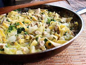 A pan of Hungarian Chicken Cabbage Noodle Soup