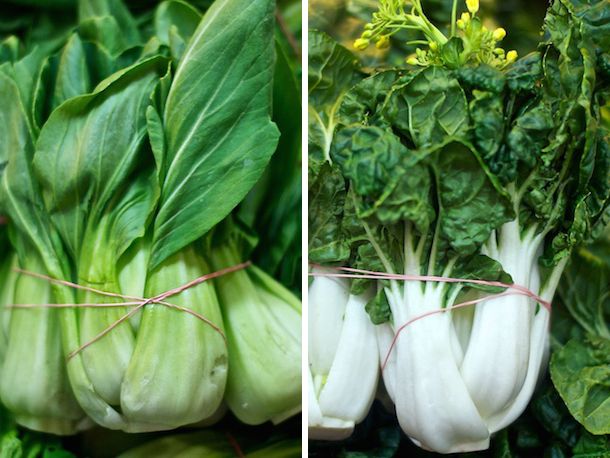 A split image with baby bok choy on the left and Shanghai bok choy on the right