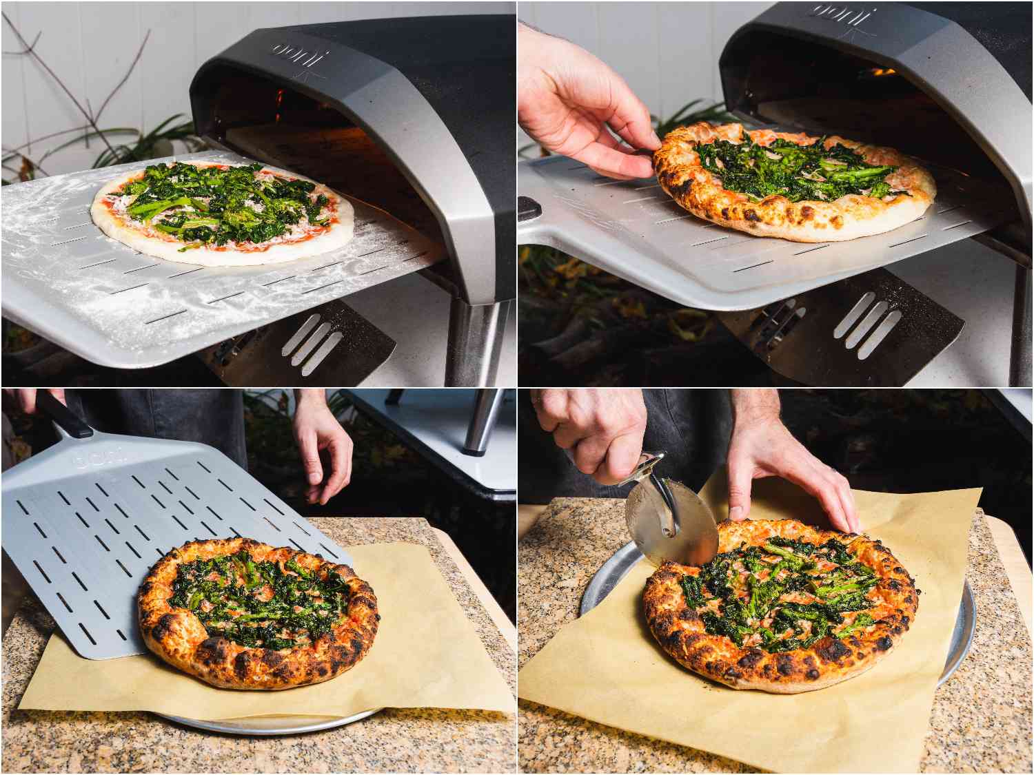 Baking pizza in an outdoor tabletop pizza oven.