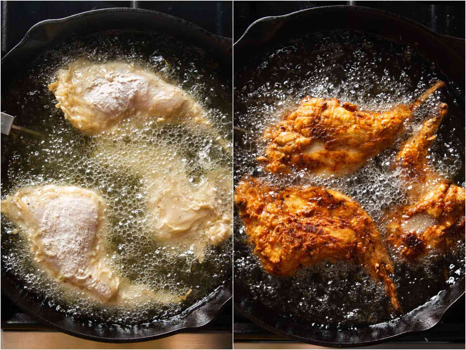 Collage of brined and dredged rabbit pieces being fried in cast iron skillet
