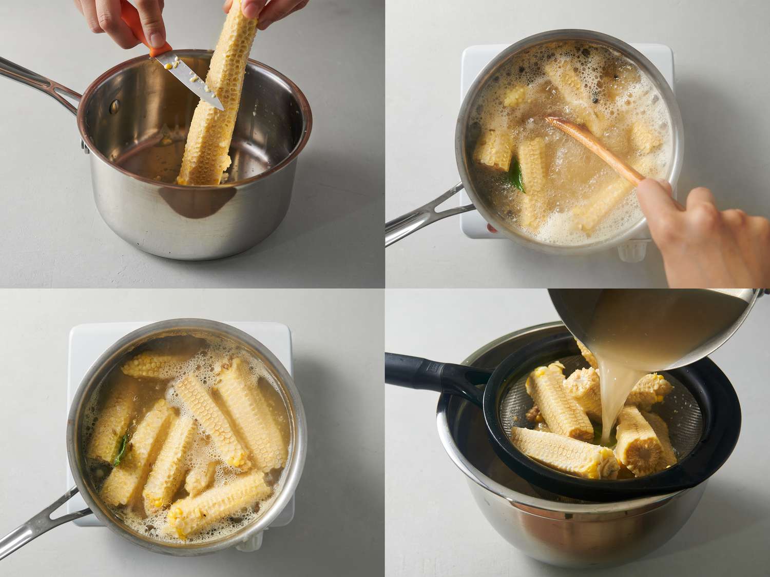 scraping corn cobs into a saucepan, and Corn milk, chicken or vegetable stock, bay leaf, fennel seed, coriander seed, and whole peppercorns being brought to a boil inside saucepan, and Straining mixture through a fine mesh strainer