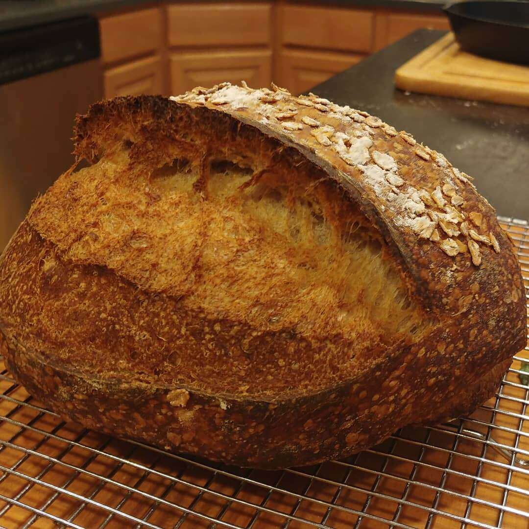 a boule of bread sent in by a reader, resting on a wire rack