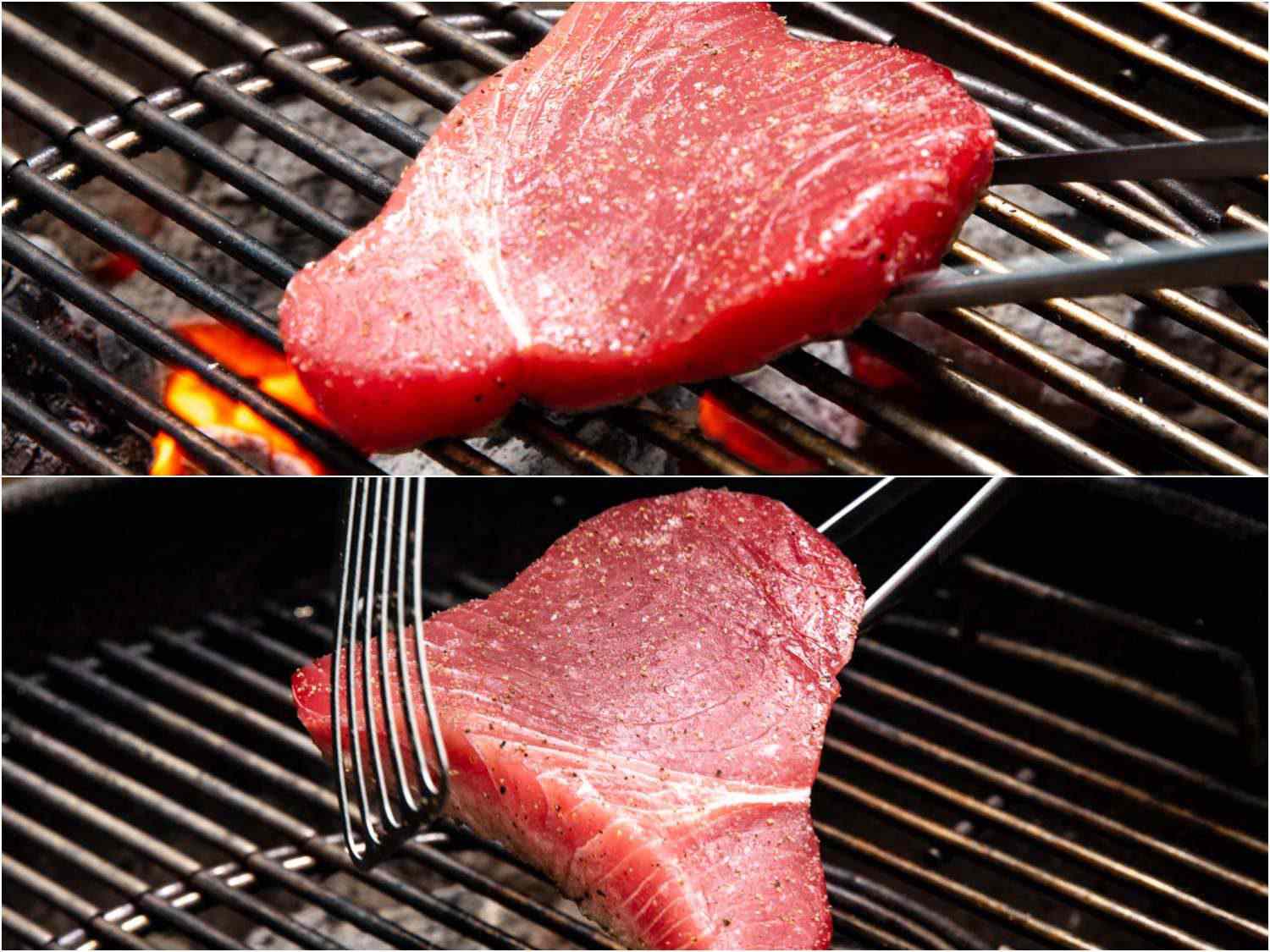 To flip a piece of fish on the grill, like the tuna shown here, it helps to insert the prongs of a carving fork or large kitchen tweezers down between the slats of a grill grate, then lift from below