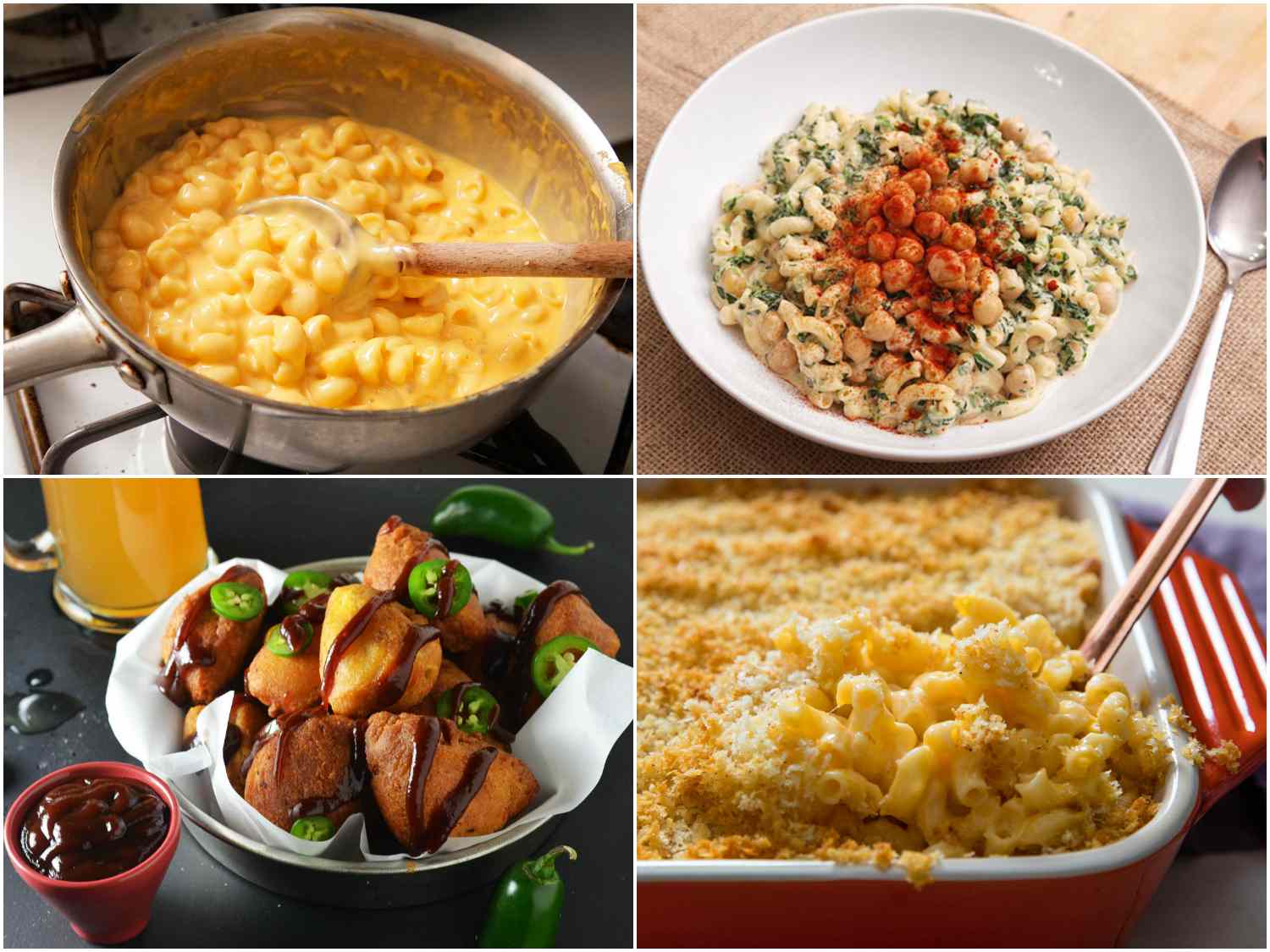 A collage of four macaroni and cheese recipes 