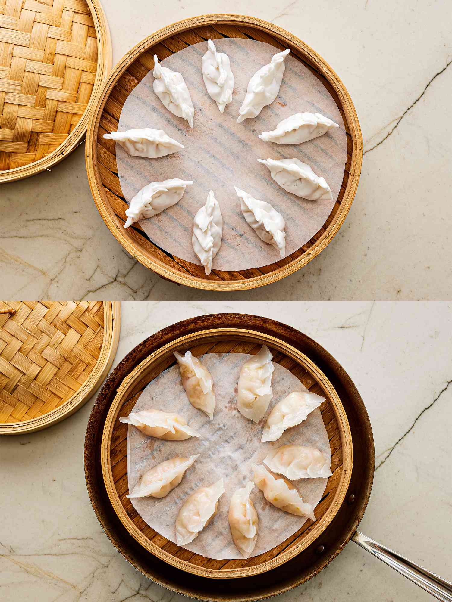 Two image collage of dumplings before and after steaming