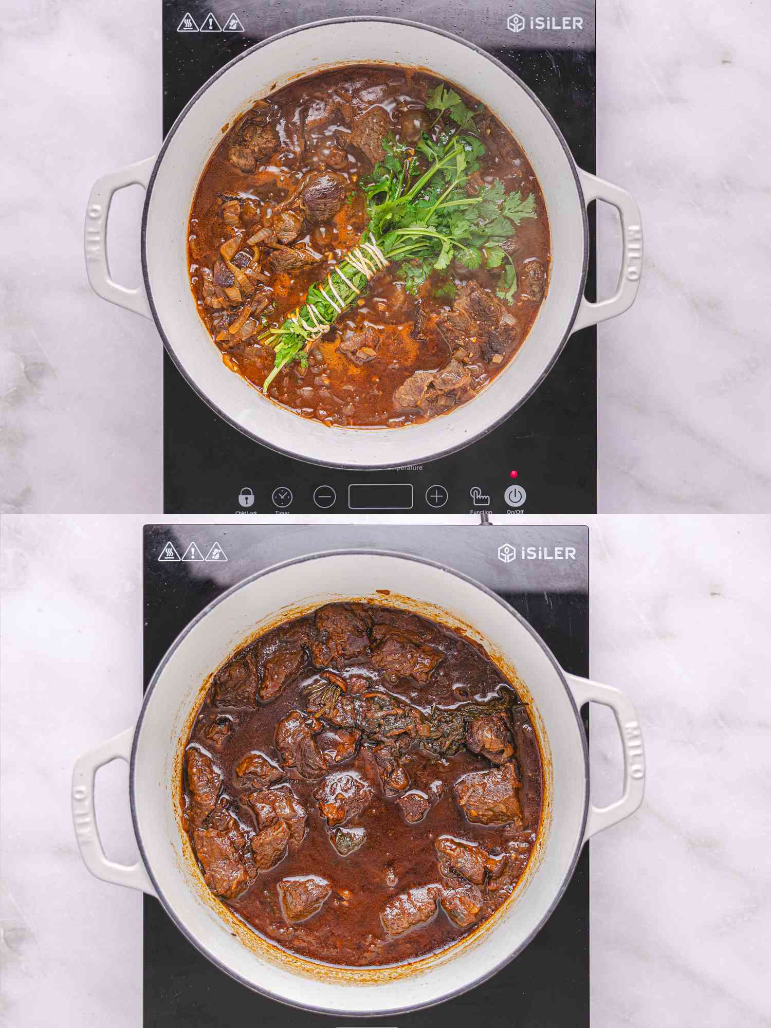 2 image collage. Top: adding bundle of fresh cilantro to stew. Bottom: stew after simmering for several hours on heat
