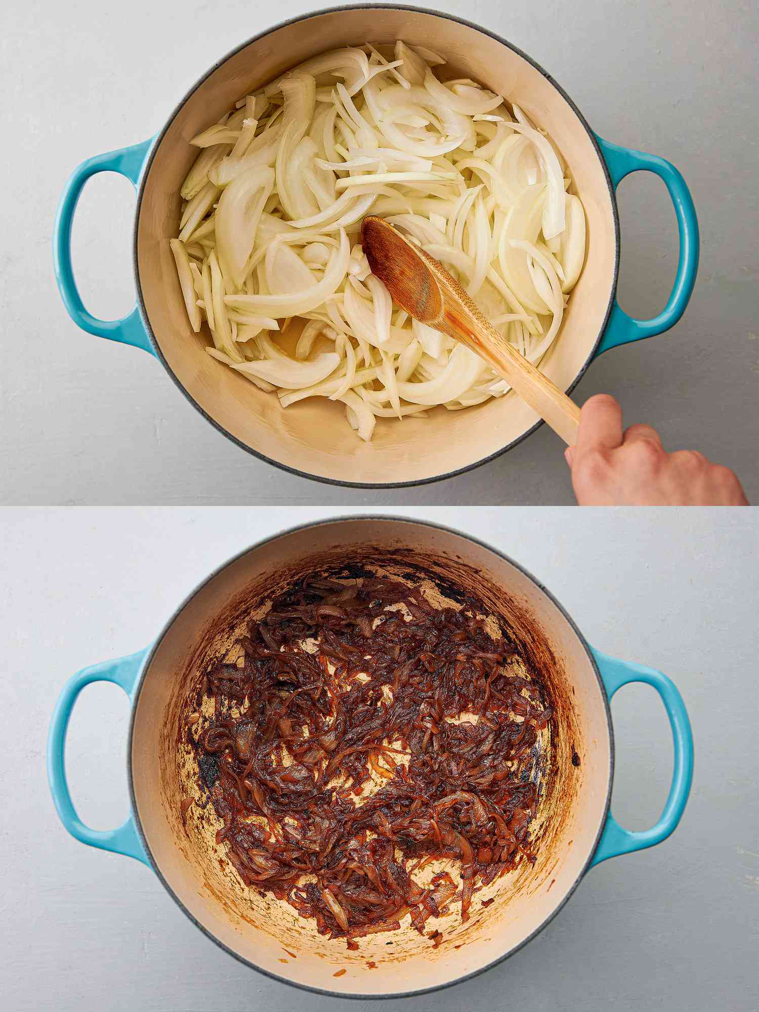 Two Image collage of caramelizing onions in a Dutch oven.