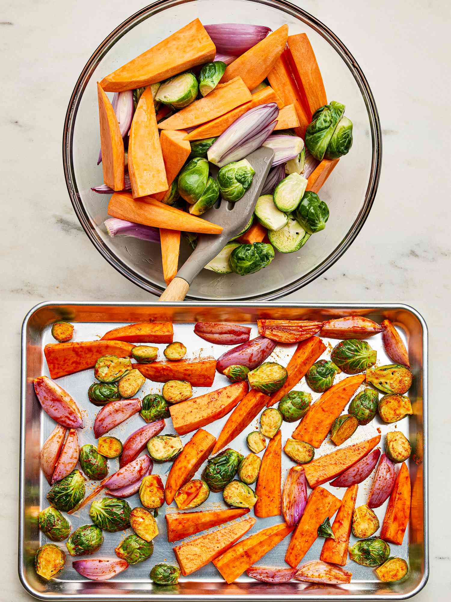 Overhead view of veggies being tossed and put on a sheet pan