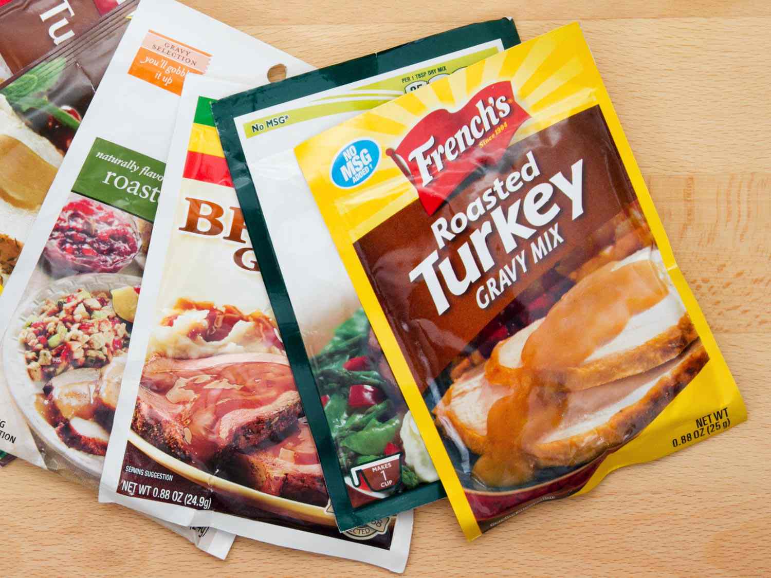 An assortment of powdered gravy packages. 