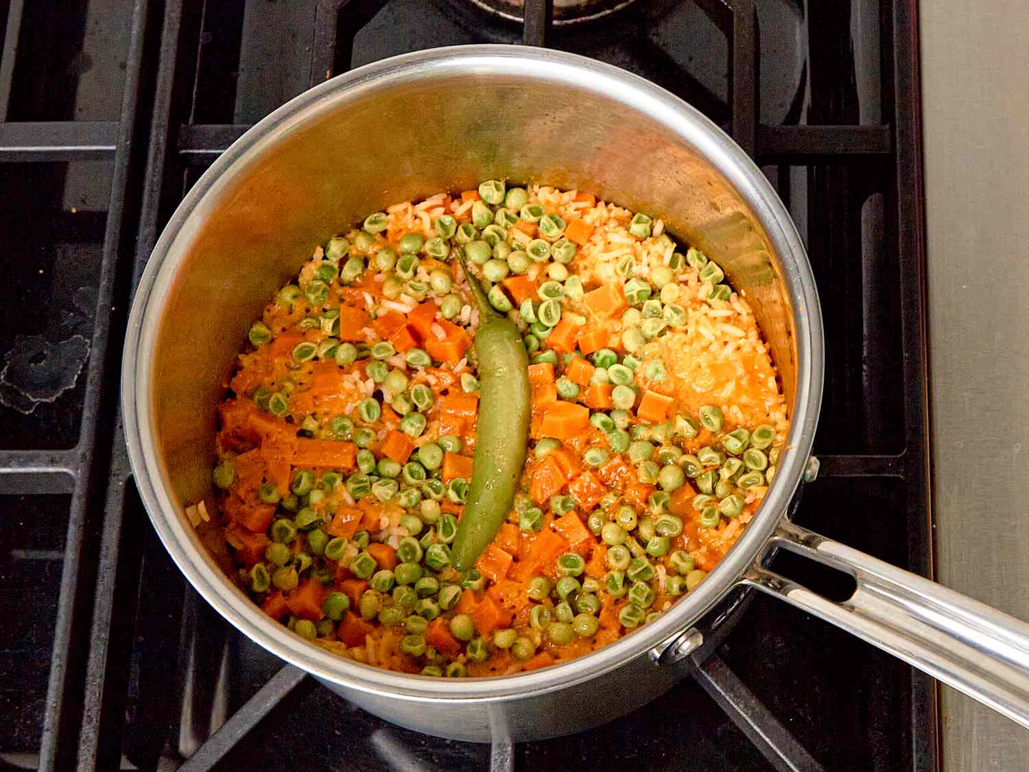 Overhead view of cooked rice