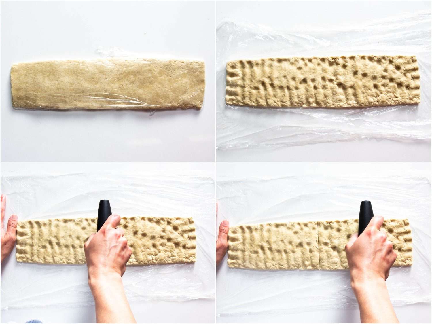 Collage depicting unwrapping rested alkaline noodle dough and splitting it into quarters to prepare for passing through rollers