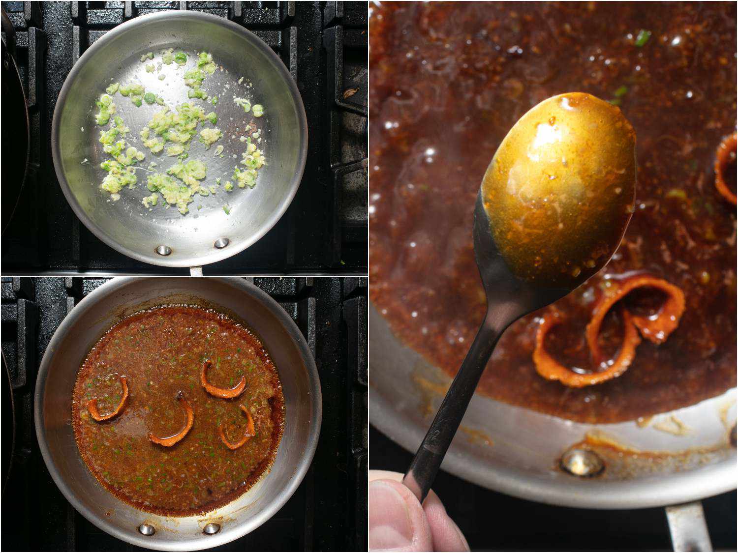 A collage: sauteing aromatics, adding sauce ingredients and cooking down the sauce in a skillet. 
