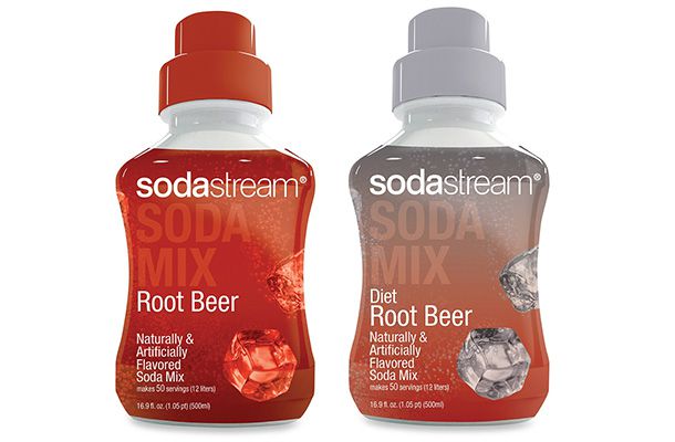 Bottles of SodaStream root beer and diet root beer.