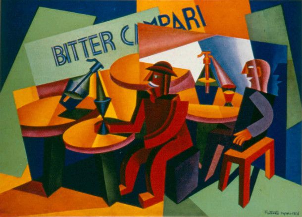 Cubist Campari artwork showing men drinking in a cafe.