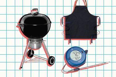 A grill an apron and a thermometer with a probe for grilling products