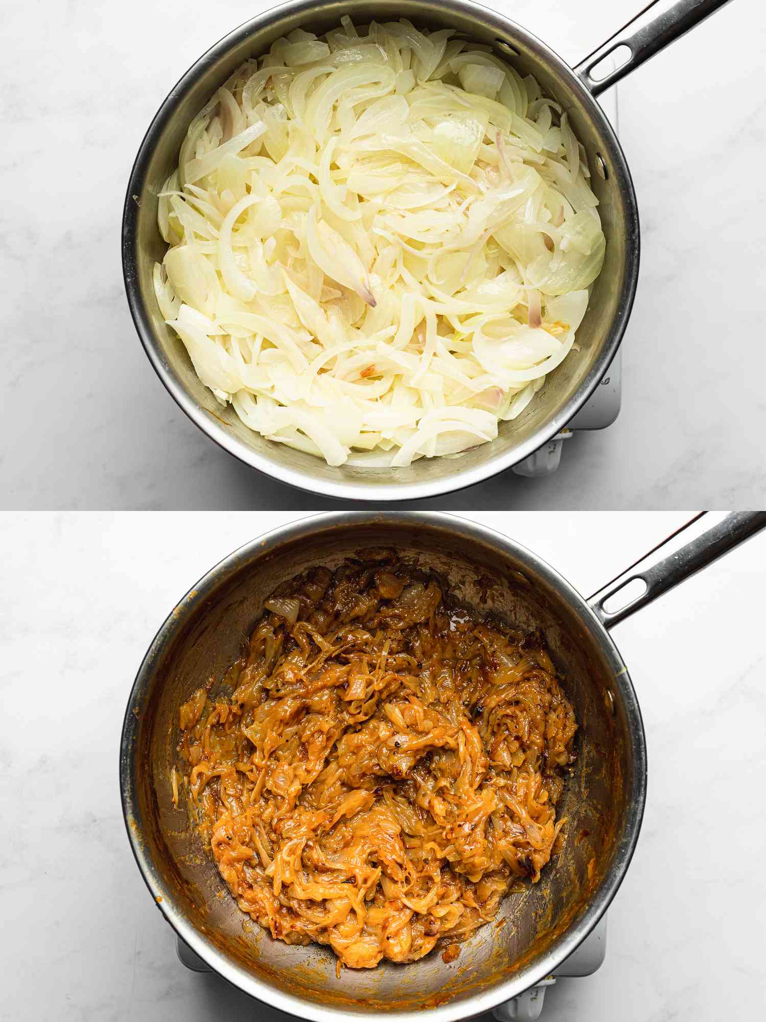 Two image collage of caramelizing onions