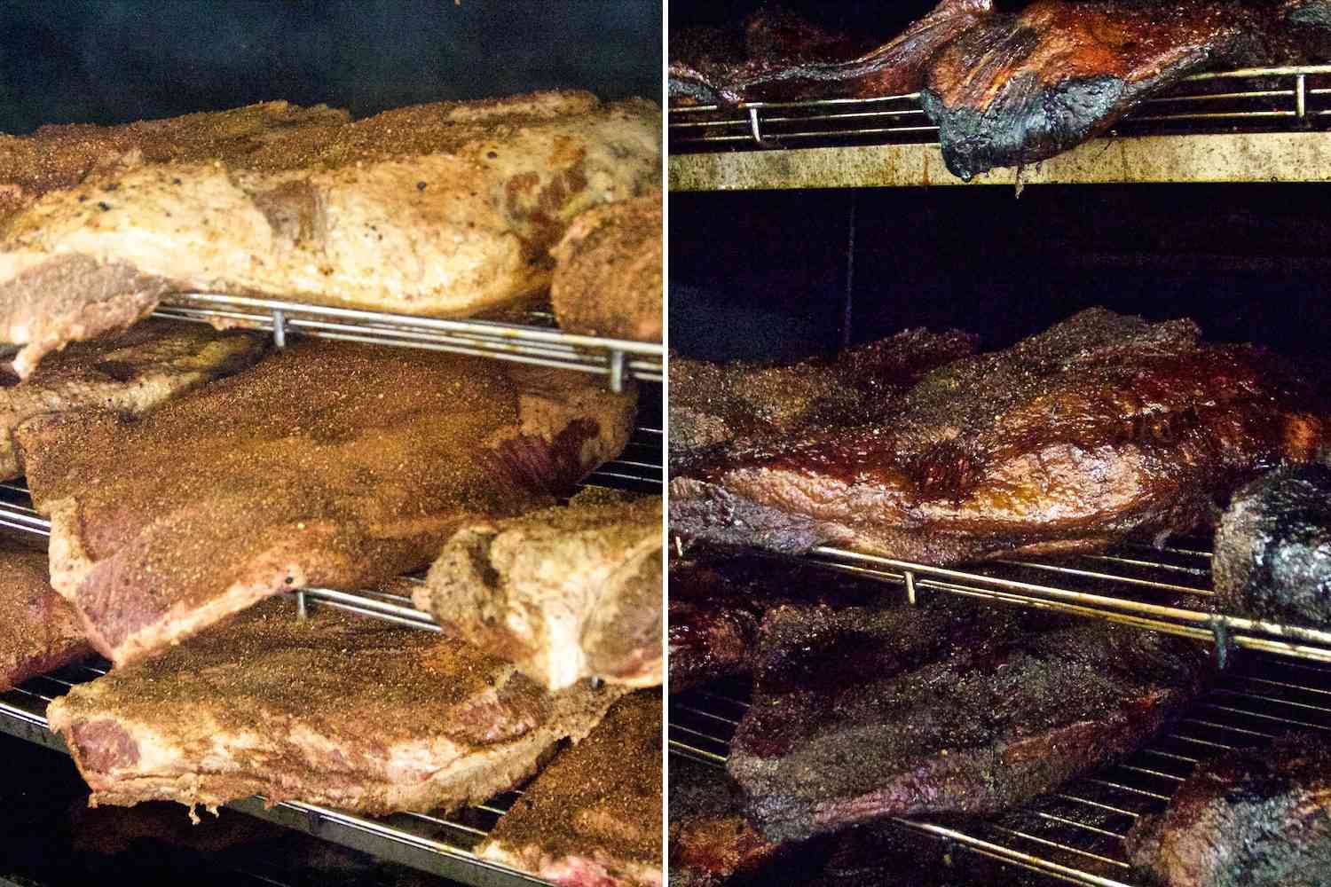 Split image of pastrami in smoker, before and after smoking.
