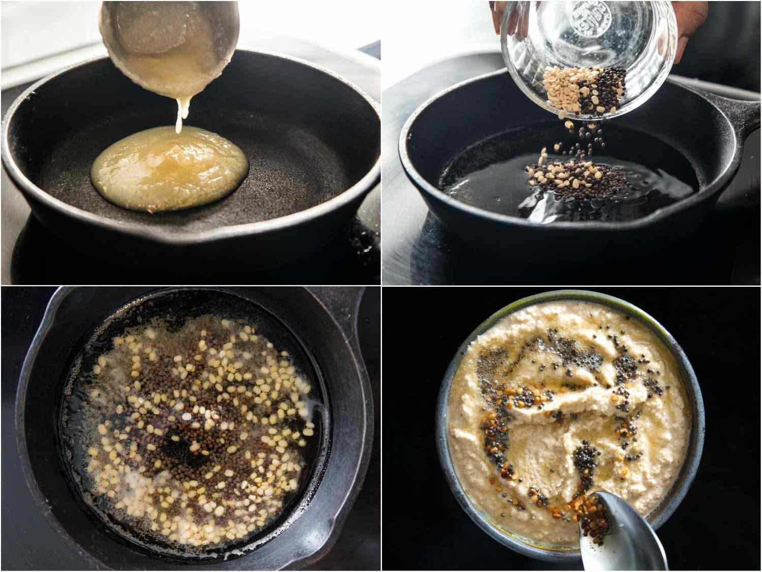 Collage of temepring spices in ghee and then spooning the tadka over a bowl of coconut chutney.