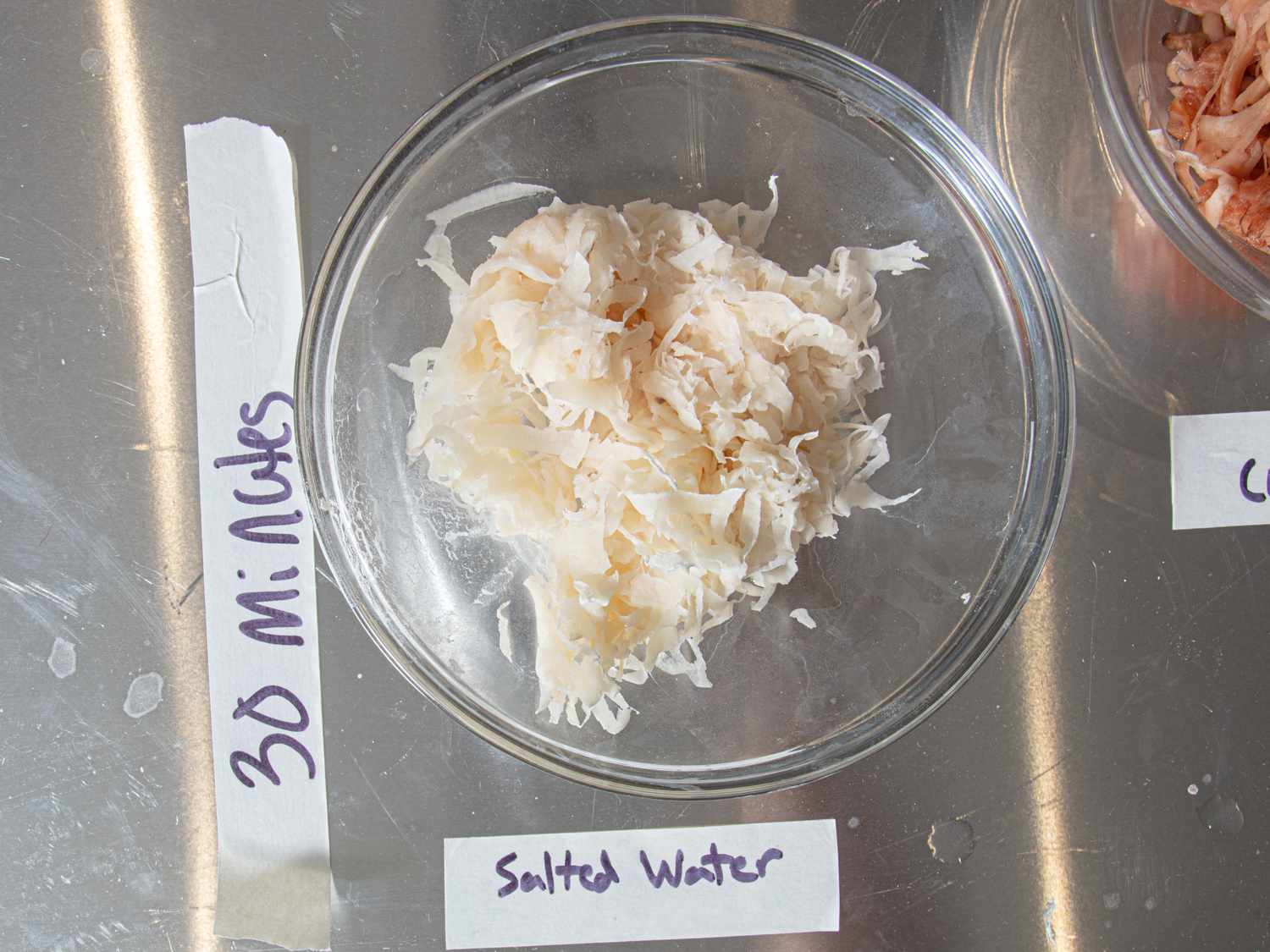 Sample of shredded material in a clear dish labeled Salted Water with a note 30 minutes nearby likely part of an experiment or test