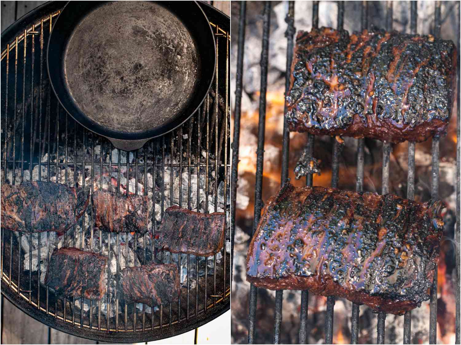 Photo collage showing skirt steak on hot side of grill, cast iron skillet on the cool side, and a close up of charred skirt steak
